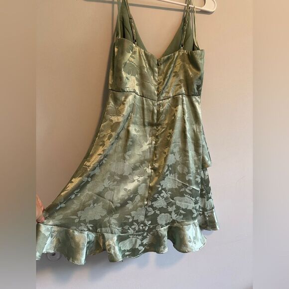 Altar'd State Sage Green Satin Floral Strappy Mini Skirt A-Line Wrap Dress - Picture 7 of 7